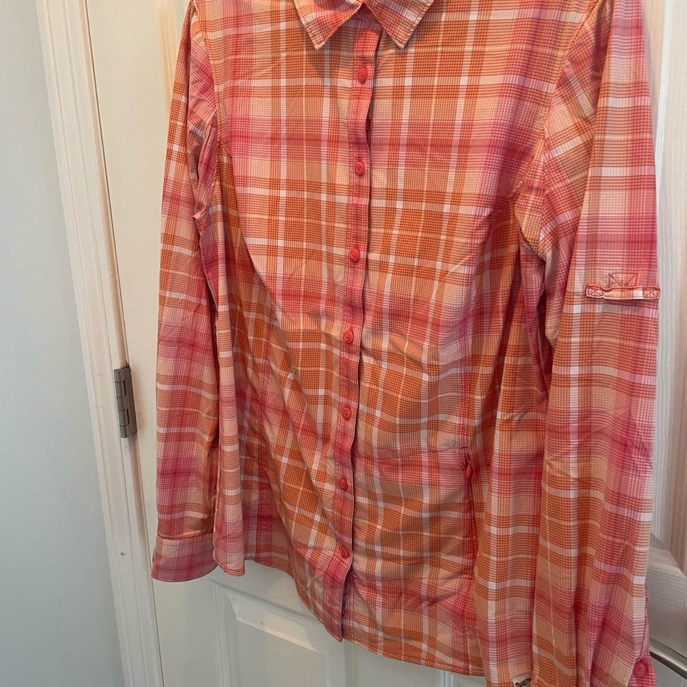 Duluth Trading Co DuluthFlex Sidewinder Pink and Orange Plaid Shirt